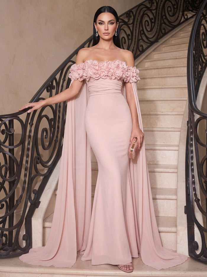Chiffon Mermaid Off Shoulder Evening Dresses with 3D Flowers