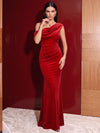 Velvet Mermaid One Shoulder Maxi Evening Dresses with Side Waist Ruched