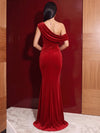 Velvet Mermaid One Shoulder Maxi Evening Dresses with Side Waist Ruched