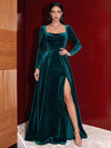 Velvet A-Line Square Neck Maxi Evening Dresses with Side Slit