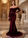 Velvet Mermaid Off Shoulder Maxi Evening Dresses with Sequin Belt