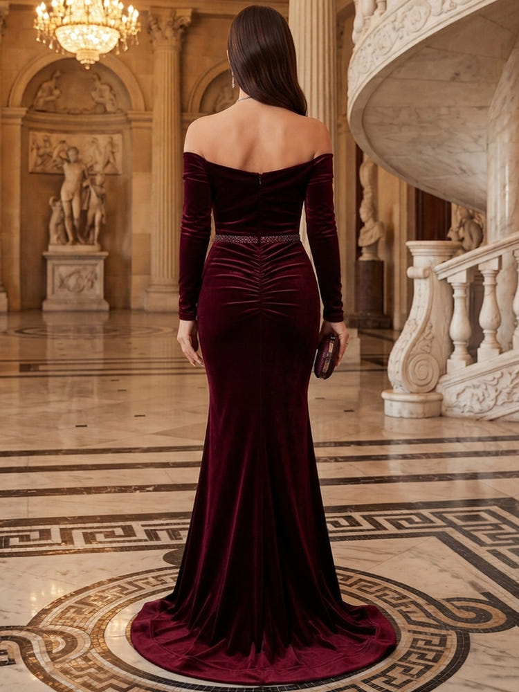 Velvet Mermaid Off Shoulder Maxi Evening Dresses with Sequin Belt