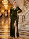 Velvet A-Line V Neck Maxi Evening Dresses with Side Slit