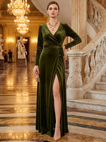 Velvet A-Line V Neck Maxi Evening Dresses with Side Slit