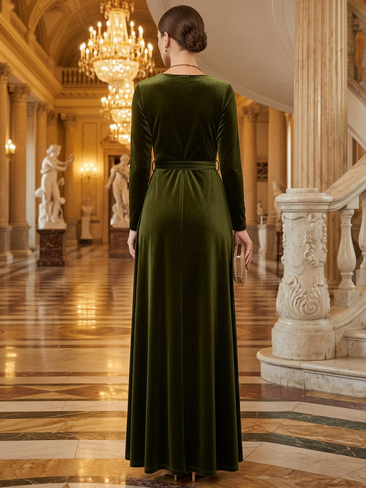 Velvet A-Line V Neck Maxi Evening Dresses with Side Slit