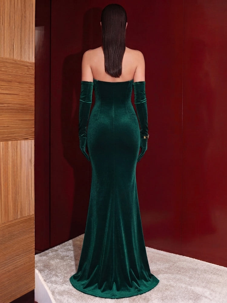 Velvet Mermaid Sweetheart Maxi Evening Dresses with Gloves