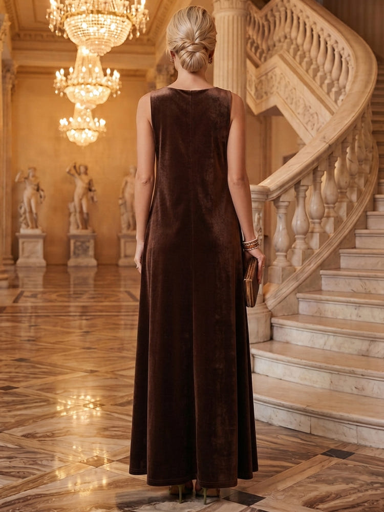 Velvet A-Line Crew Neck Maxi Evening Dresses with Tent Silhouette