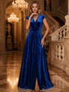 Velvet A-Line V Neck Maxi Evening Dresses with Slit