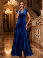 Velvet A-Line V Neck Maxi Evening Dresses with Slit