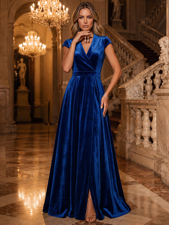 Velvet A-Line V Neck Maxi Evening Dresses with Slit