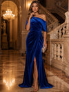 Velvet Mermaid One Shoulder Midi Evening Dresses with Side Slit