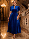 Velvet A-Line Stand Collar Maxi Evening Dresses with Pleated