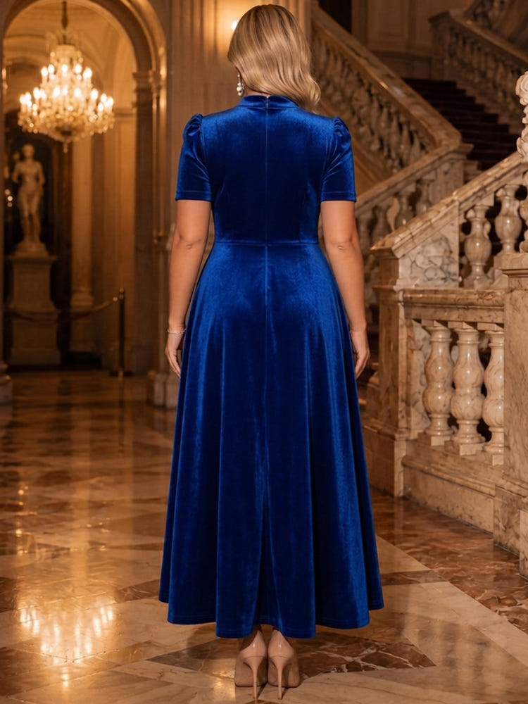 Velvet A-Line Stand Collar Maxi Evening Dresses with Pleated