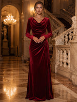 Velvet Sheath Cowl Neck Maxi Evening Dresses with Side Waist Ruched