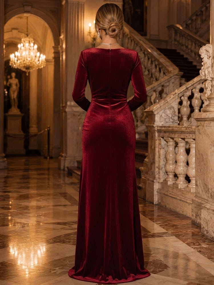 Velvet Sheath Cowl Neck Maxi Evening Dresses with Side Waist Ruched