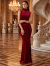 Velvet Mermaid High Neck Maxi Evening Dresses with Flowing Sash