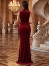 Velvet Mermaid High Neck Maxi Evening Dresses with Flowing Sash