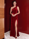 Velvet A-Line One Shoulder Maxi Evening Dresses with Side Slit
