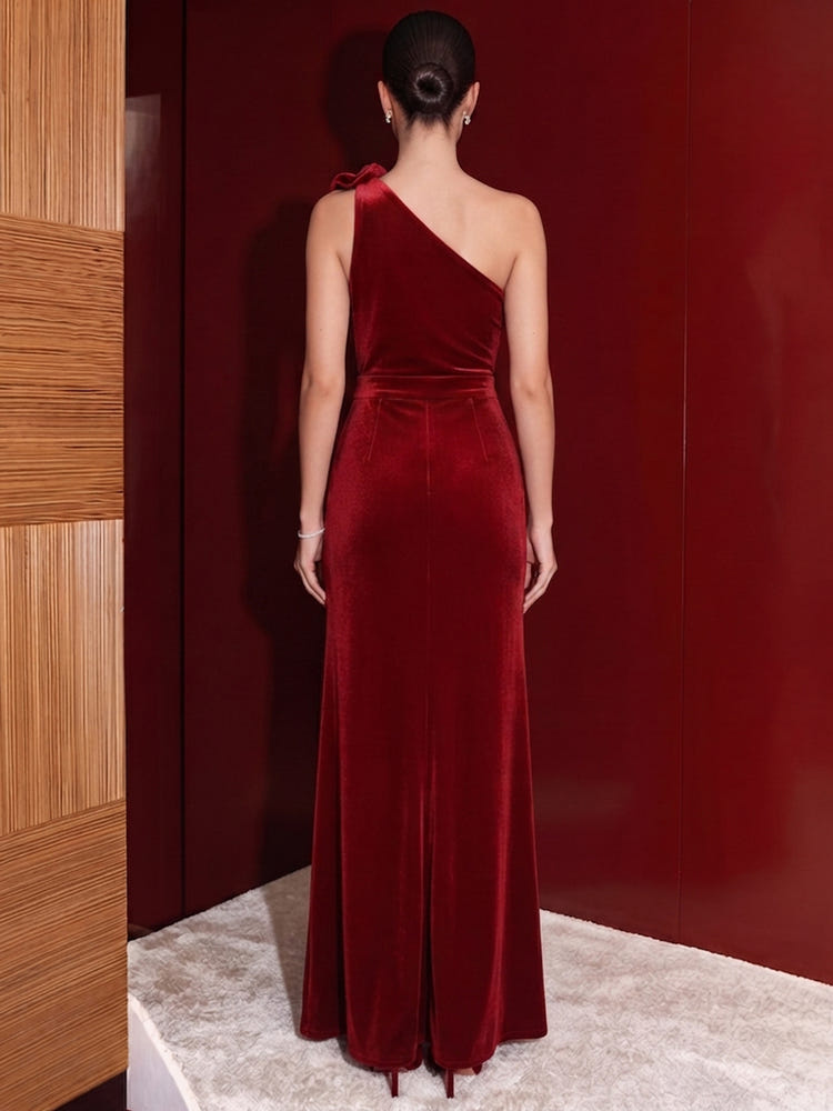 Velvet A-Line One Shoulder Maxi Evening Dresses with Side Slit