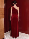Velvet A-Line One Shoulder Maxi Evening Dresses with Side Slit