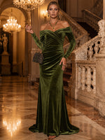Velvet Mermaid Off Shoulder Maxi Evening Dresses with Pleated