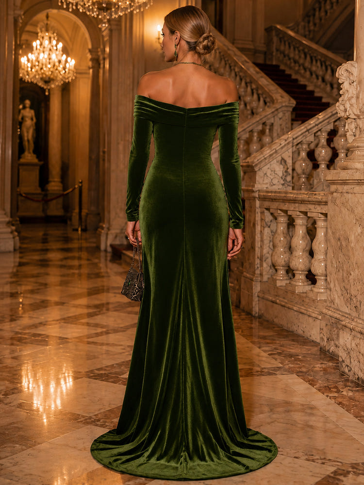 Velvet Mermaid Off Shoulder Maxi Evening Dresses with Pleated