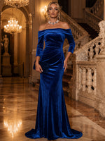 Velvet Mermaid Off Shoulder Maxi Evening Dresses with Side Waist Ruched