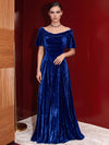 Velvet A-Line Boat Neck Maxi Evening Dresses with Pleated