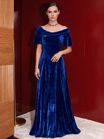 Velvet A-Line Boat Neck Maxi Evening Dresses with Pleated
