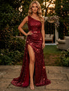 Sequin Mermaid One Shoulder Maxi Evening Dresses with Belt