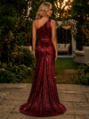 Sequin Mermaid One Shoulder Maxi Evening Dresses with Belt