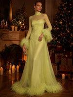 Mesh A-Line High Neck Maxi Evening Dresses with Natural Feather Fringe Hem