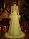 Mesh A-Line High Neck Maxi Evening Dresses with Natural Feather Fringe Hem
