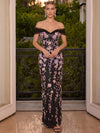 Mesh Sheath Off Shoulder Maxi Evening Dresses with 3D Flower Lace