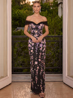 Mesh Sheath Off Shoulder Maxi Evening Dresses with 3D Flower Lace