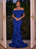 Sequin Mermaid Off Shoulder Maxi Evening Dresses with 3D Flowers