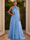 Sequin A-Line Halter Maxi Evening Dresses with 3D Flowers