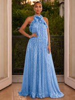 Sequin A-Line Halter Maxi Evening Dresses with 3D Flowers
