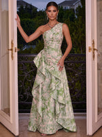 Jacquard A-Line One Shoulder Maxi Evening Dresses with Ruffles