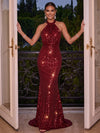 Sequin Mermaid Halter Maxi Evening Dresses with Ruched