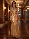 Metallic Satin Sheath High Neck Maxi Evening Dresses with Structured Seamed Bodice