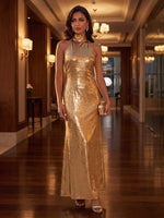 Metallic Satin Sheath High Neck Maxi Evening Dresses with Structured Seamed Bodice
