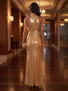 Metallic Satin Sheath High Neck Maxi Evening Dresses with Structured Seamed Bodice