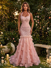 Mesh Mermaid Halter Maxi Evening Dresses with 3D Flowers