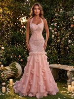 Mesh Mermaid Halter Maxi Evening Dresses with 3D Flowers