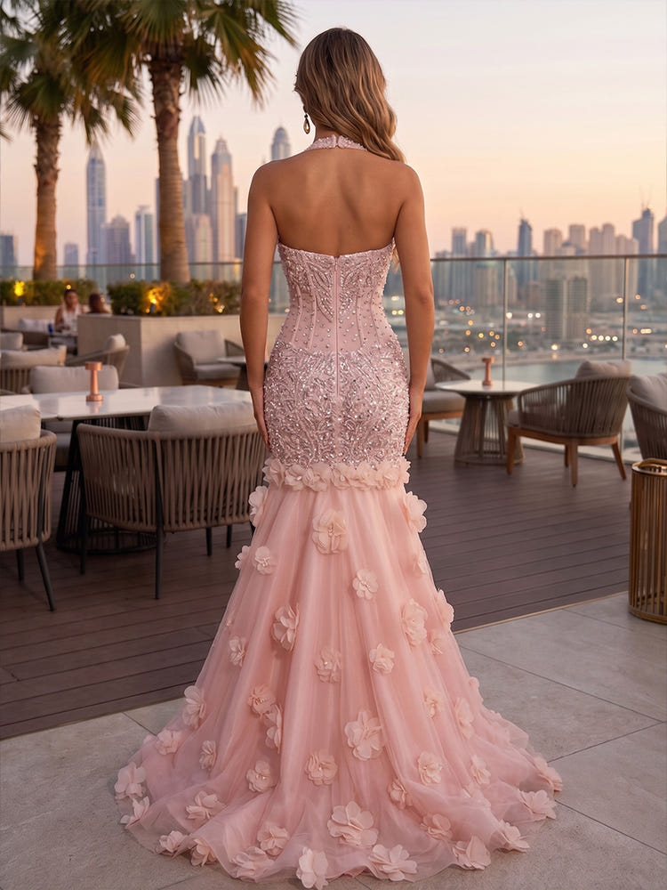 Mesh Mermaid Halter Maxi Evening Dresses with 3D Flowers