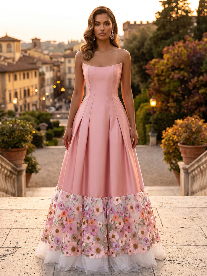 Satin A-Line Strapless Maxi Evening Dresses with Corset Bodice