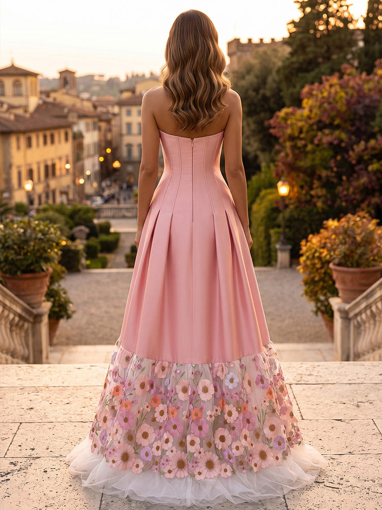 Satin A-Line Strapless Maxi Evening Dresses with Corset Bodice
