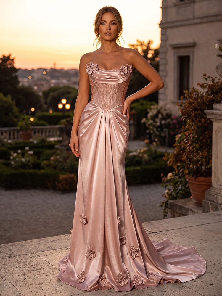 Satin Mermaid Strapless Maxi Evening Dresses with 3D Flowers