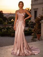 Satin Mermaid Strapless Maxi Evening Dresses with 3D Flowers